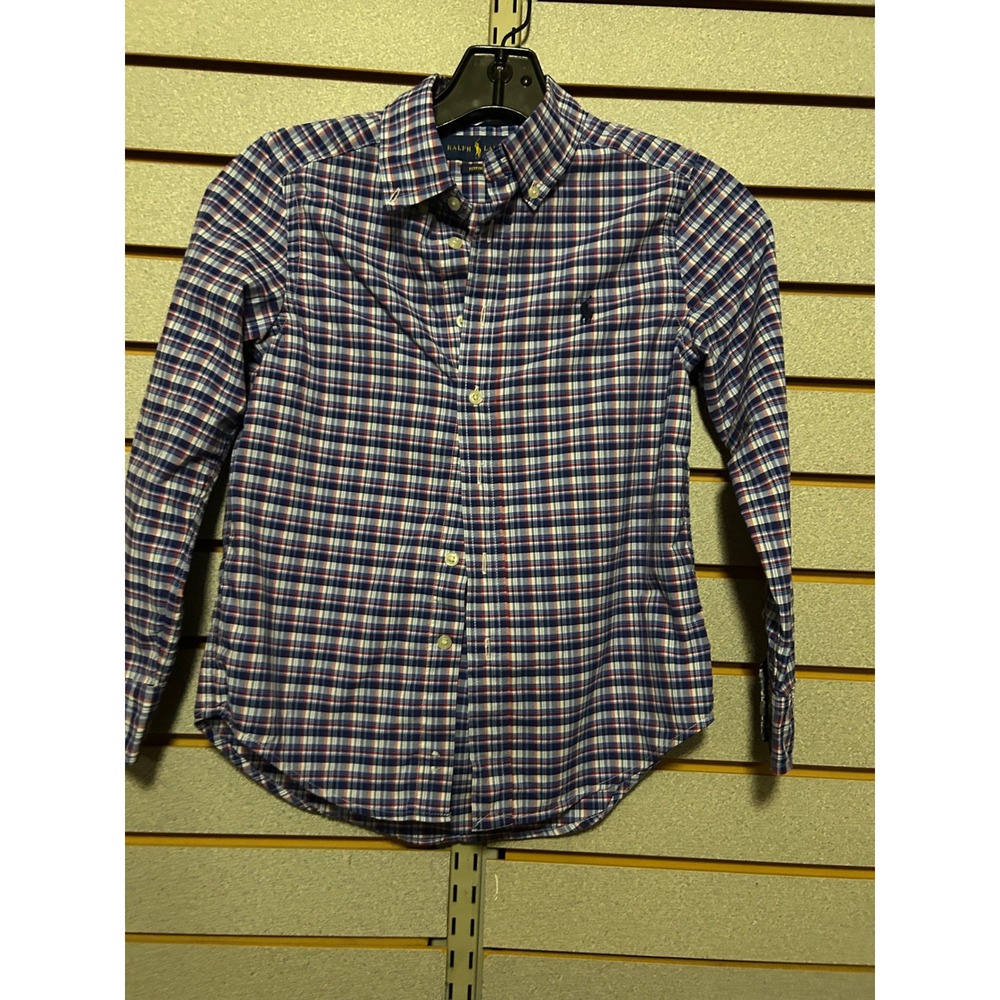 Ralph Lauren Performance Boys S/P 8 Navy Blue Red White Plaid Button Down Shirt